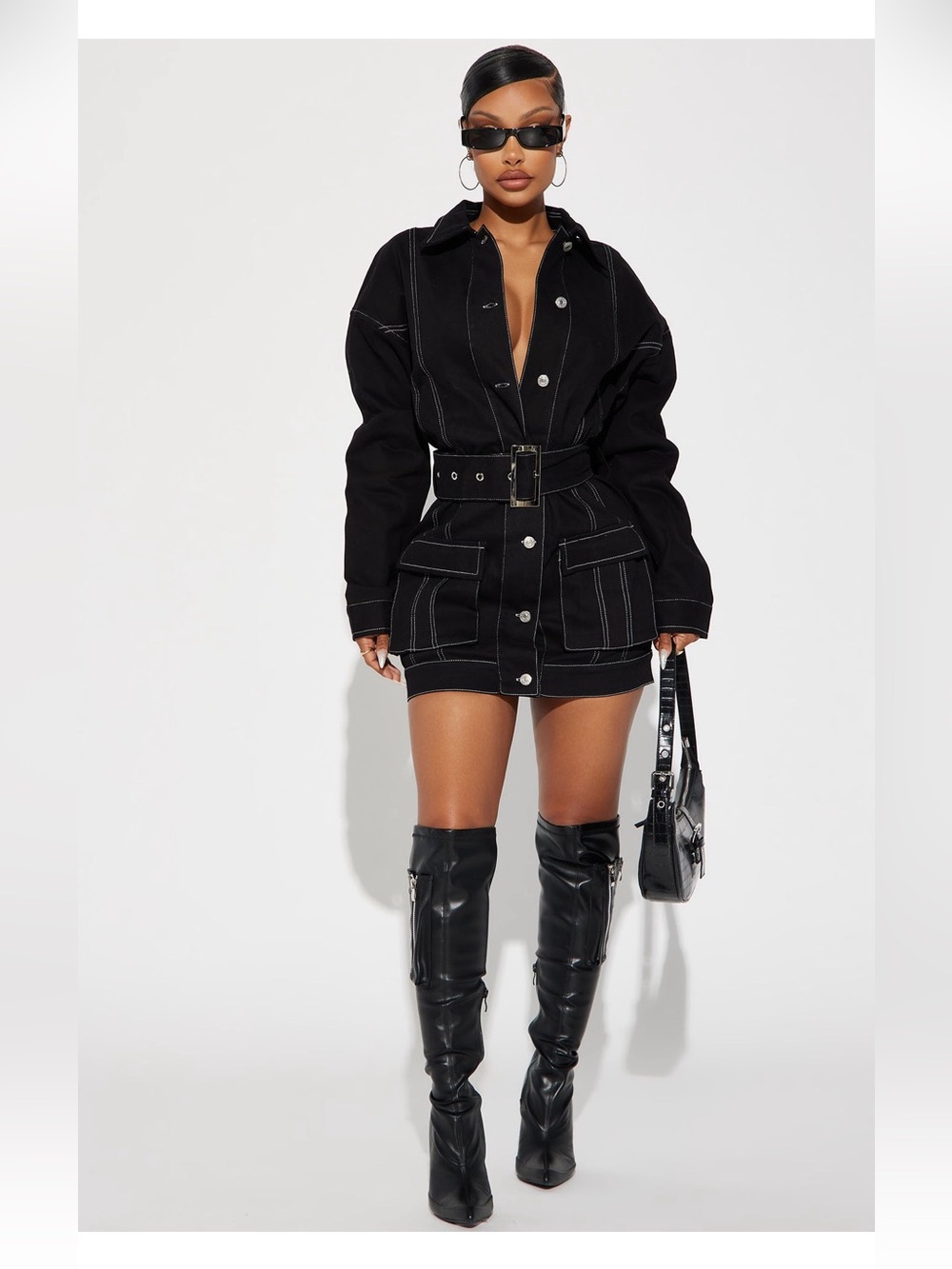 Fashion Nova Black Belted Denim Jacket Dress with White Stitching